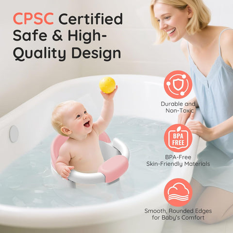 Baby Bath Seat Baby Bathtub - with Strong Suction Cups and 360° Surround Support – Easy Release, Non-Slip Cushion, Lockable Armrests – Infant Bath Chair for Babies 6-24 Months, Pink