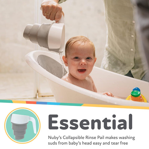 Nuby Collapsible Rinse Pail for Baby Bath Time - Collapsible Bucket with Easy Grip Handle to Rinse Baby Shampoo and Soap - Baby Essentials