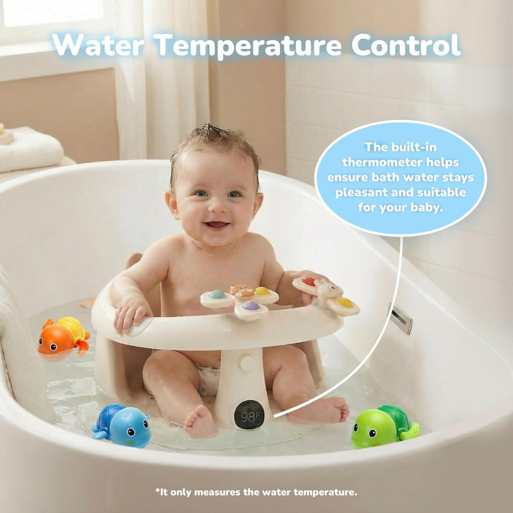 Baby Bath Seat For Babies 6 Months & Up With Built-in Thermometer, Strong Suction Cups & Interactive Toys – Ergonomic Infant Bath Seats For Babies Sitting Up, Safe & Comfortable Design