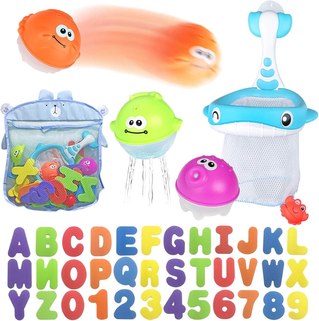 MoraBaby Foam Bath Letters and Numbers with Fishing Net and Organizer Bag