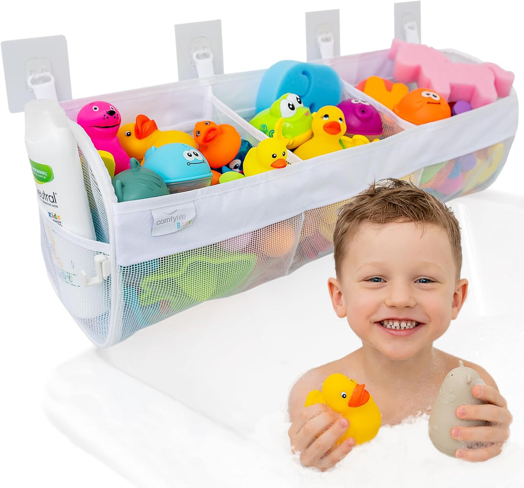 Comfylife Large Bath Toy Organizer with 3 Compartments and Adhesive Hooks