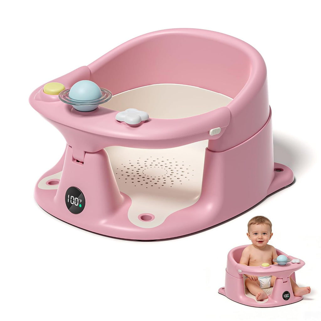 Baby Bath Seat for Babies 6 Months & up with Thermometer, Non-Slip Toddler Bath Seats for Sitting Up, Safe Infant & Newborn Bathtub Chair with 4 Suction Cups, Soft Cushion & Temperature Display