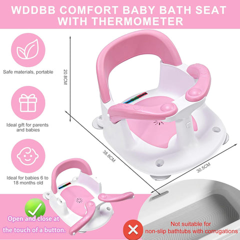 Baby Bath seat for Babies 6 Months & up, 360° Stable Toddler Bath Chair with one-Touch Button, Back Hollow Design, Water Temperature Card & 4 Suction Cups for Safety (Gray)