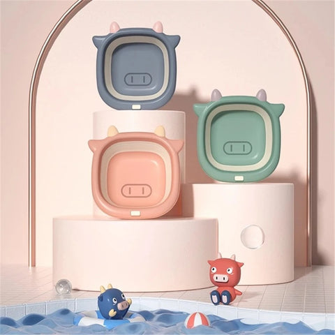 Baby Portable Baths Cartoon Cute Cow Modeling Folding Wash Basin Candy Color Kids Accessories Newborn Child Washbasin Bathroom